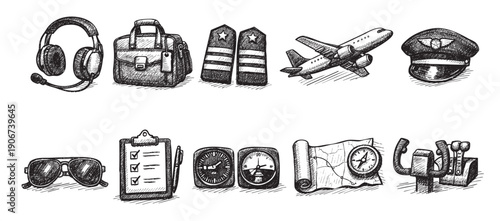 Hand-drawn illustration of a pilot's gear: headphones, flight bag, epaulettes, airplane, hat, sunglasses, checklist, compasses, map, and controls. Aviation and travel theme.