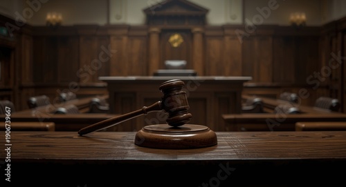 Courtroom interior featuring a prominent brown wooden judge's gavel