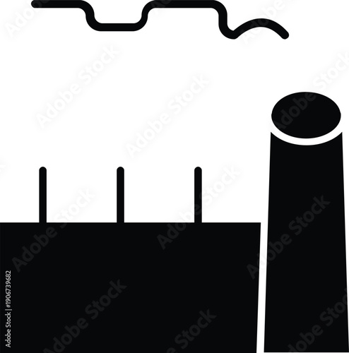 vector illustration of industrial factory,,  A silhouette of a power plant cooling tower or industrial chimney with thick smoke or steam rising from the top, representing energy production and industr
