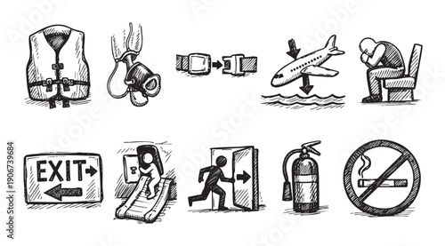 Black and white sketch illustration depicting airplane safety equipment and emergency protocols. Use for aviation, safety manuals, educational purposes, or creative graphics.