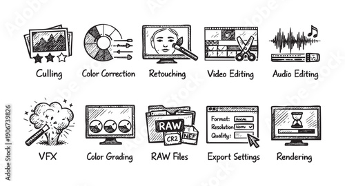 Hand drawn icons representing image and video post production processes: culling, color correction, retouching, video editing, audio editing, VFX, and rendering.
