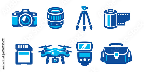 Photography and filmmaking blue icons set