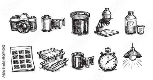 Sketch illustration of vintage photographic darkroom equipment. Nostalgic, artistic and ideal for illustrating articles about analog photography and creative hobbies.