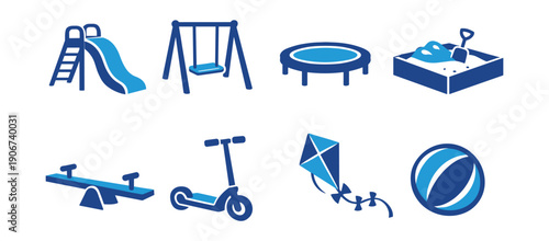Children's playground activities and toys icons set