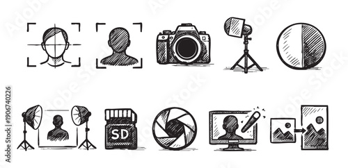 A sketched illustration of photography equipment and the post-processing workflow. Perfect for blog posts, websites, or visual aids related to photography education.