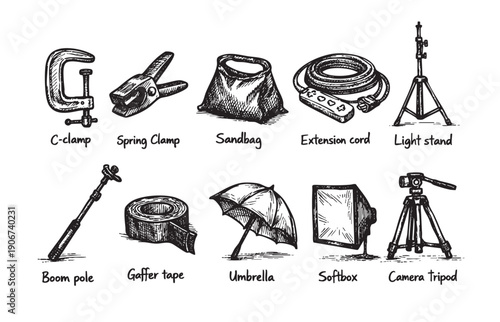 Hand-drawn illustration of essential filmmaking and photography equipment. Use for graphic design, educational materials, or artistic representations of the creative process.
