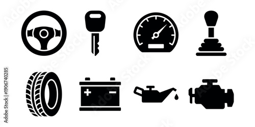 Automotive black and white icons set