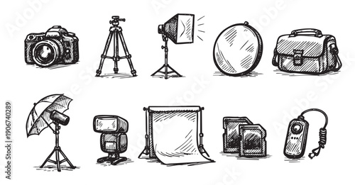 Sketch of Photographer's Equipment Set on White Background