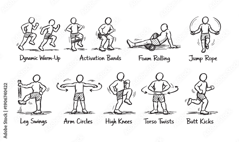Fototapeta premium Hand-drawn style illustrations depicting a variety of exercises: dynamic warm-up, activation bands, foam rolling, jump rope, leg swings, arm circles, high knees, torso twists, butt kicks.