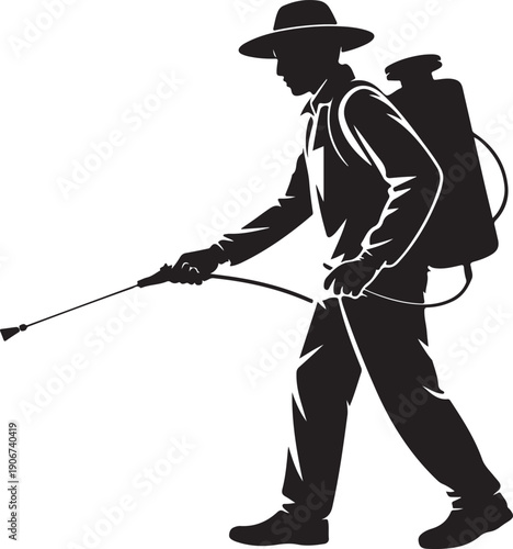 Silhouette of Healthcare worker spraying insecticide for mosquito control, malaria prevention action