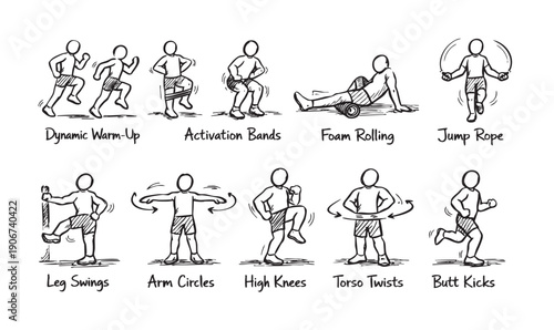 Hand-drawn style illustrations depicting a variety of exercises: dynamic warm-up, activation bands, foam rolling, jump rope, leg swings, arm circles, high knees, torso twists, butt kicks.