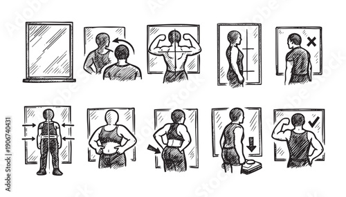 Sketch illustration of various body image poses in front of a mirror. Shows body perception, dysmorphia, transformations and progress.  Great for health, fitness, mental health content.