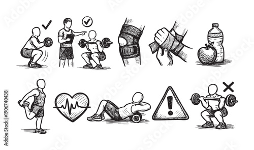 Hand drawn vector illustrations of fitness, training, diet and safety. Includes squats, stretching, foam roller, wraps, warnings, trainer, and nutrition.