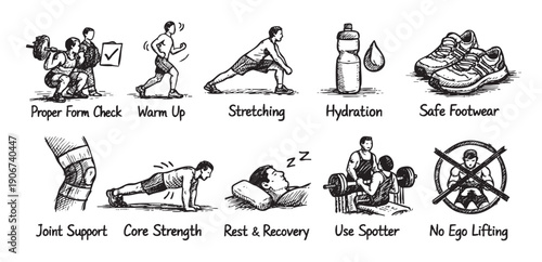 Hand-drawn vector illustration of workout safety guidelines. Includes proper form, warm-up, stretching, hydration, footwear, joint support, core strength, recovery, spotter use, no ego.