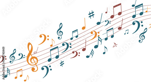 Artistic and colorful musical notes floating across wavy staff lines with clefs and accidentals in a vibrant creative melody composition.