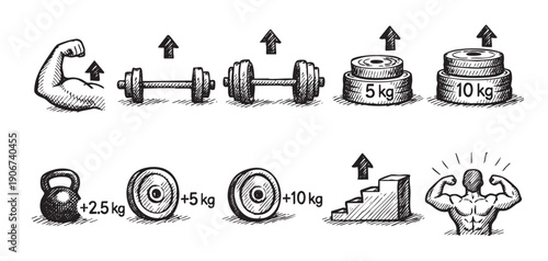 Hand-drawn illustration shows progressive weight increases symbolizing fitness journey and strength gain. Ideal for workout guides, health blogs, and promotional fitness material.