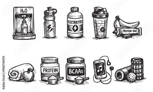 Hand drawn vector illustration of fitness, gym and workout related items. Includes water, protein, supplements, phone and more. Great for blog post, graphic design.
