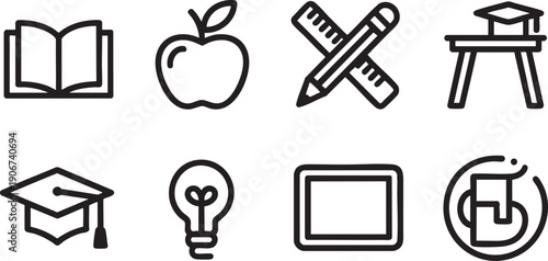 Collection of simple line art icons representing education and learning objects