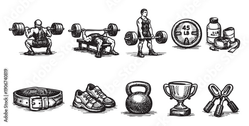 Hand-drawn illustration of fitness equipment and weightlifting exercises. Includes barbell squats, bench press, deadlift, weights, belt, shoes, kettlebell, trophy, and hand grippers.