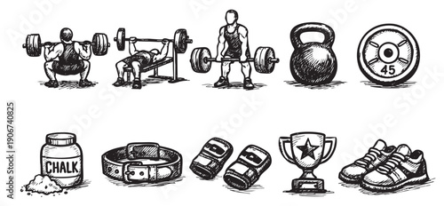 Weightlifting and Fitness Equipment Sketched Illustration on White Background