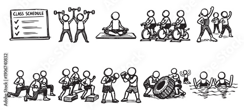 Black and white vector doodle illustration showcasing diverse fitness activities like weightlifting, yoga, cycling, step aerobics, boxing, tire flipping, and swimming with a class schedule.