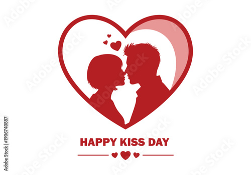 Vector illustration of a loving couple's silhouette sharing a tender kiss within a vibrant red heart shape, symbolizing romance and affection on a special day