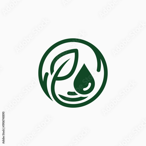 Eco natural product symbol with leaf and water drop inside a circle, representing organic and sustainable concepts.
