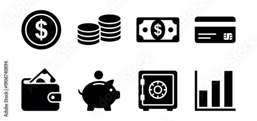 Financial black and white icons set