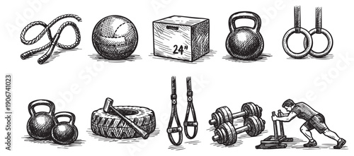 Hand drawn illustration of crossfit and fitness equipment. Includes dumbbells, kettlebells, rope, box, rings, sled, tire and ball. For fitness and gym related themes.