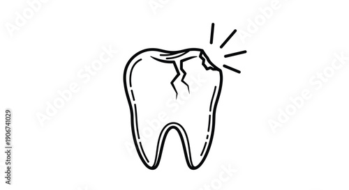 Simple black and white line drawing of human molar tooth with severe cracks and pain lines representing dental problems and toothache.