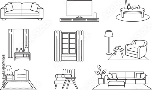 Modern living room furniture and home decor line art icons