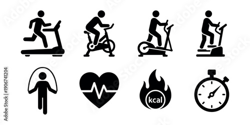 Fitness and exercise black and white icon set