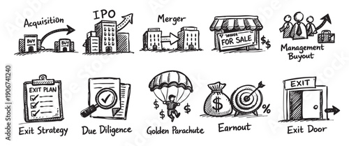 Hand-drawn illustrations depicting various business exit strategies like acquisition, IPO, merger, and more. Use this graphic for presentations, articles, and business discussions.