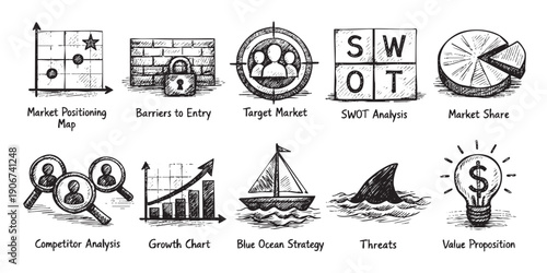 Hand-drawn sketch icons representing business strategy concepts like market positioning, SWOT analysis, and competitor analysis. Ideal for business presentations and marketing materials.