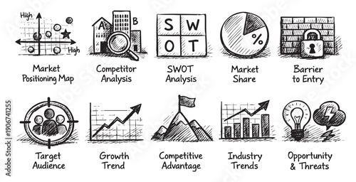 Business Strategy Hand-Drawn Sketch Concepts: Analysis, Growth, Competition
