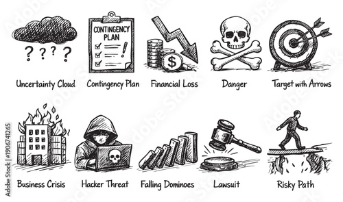 Illustration showing risks and solutions icons: business crisis, financial loss, uncertainty, hacker threat, risky path. Suitable for websites, reports, and presentations.