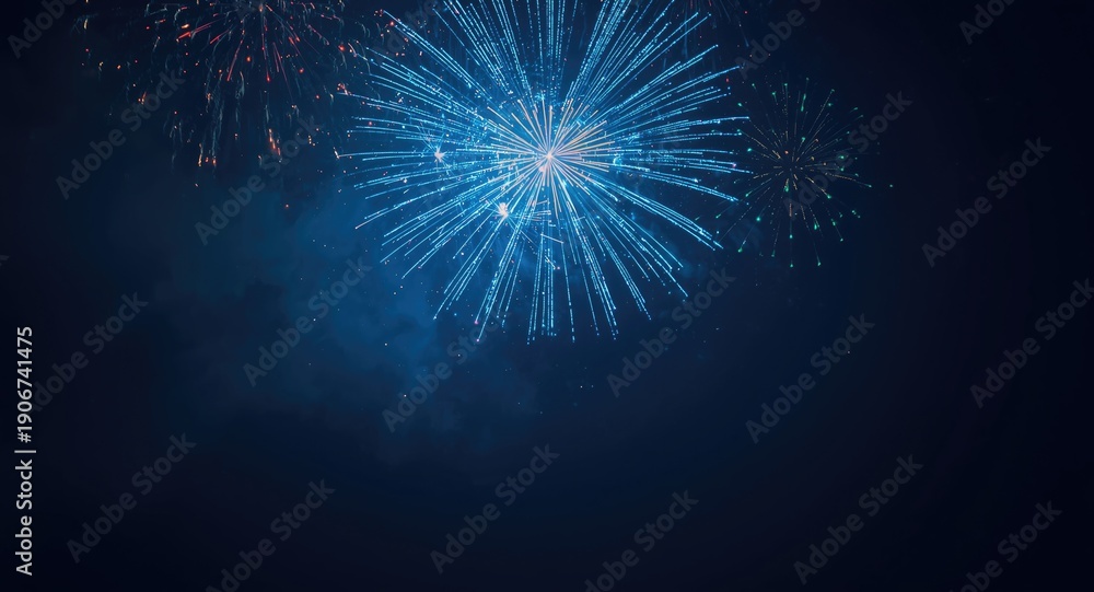 Fototapeta premium Bright blue fireworks scene with generous copy space for festive greetings and banners