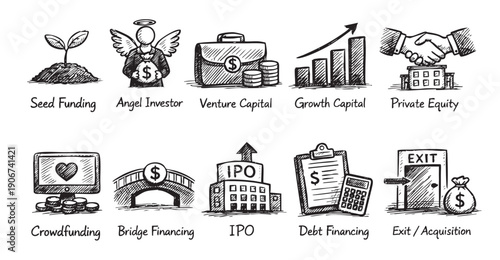 Funding Stages Doodle: Venture Capital, Angel Investors, Crowdfunding, and More