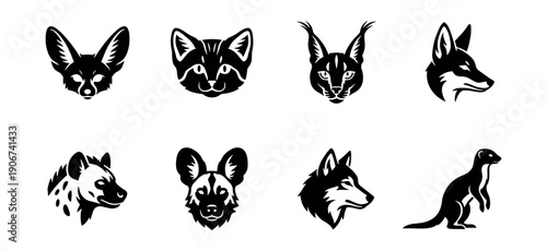 Stylized black and white animal illustrations set