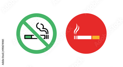 Comparative icons showing green circle with no smoking symbol and red circle with cigarette allowed symbol for public signage concepts.