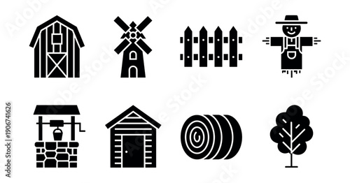 Farm silhouette icons set