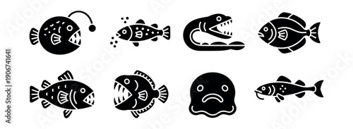 Marine creatures black and white icon set