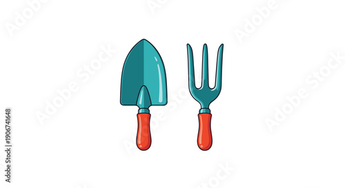 Flat illustration of a teal blue gardening trowel and hand fork with orange handles for soil preparation and planting in home gardens.