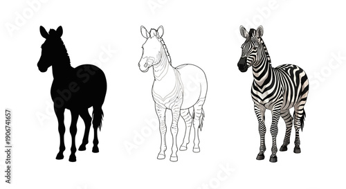 Collection of three running horse illustrations featuring a black silhouette a white line art version and a fully colored brown cartoon style equine figure