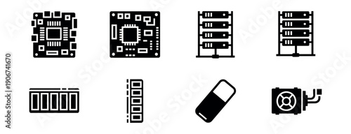 Computer hardware black and white icons set