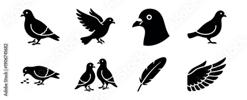 Pigeon silhouette icons set
