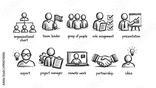Set of hand-drawn sketch icons symbolizing business concepts like teamwork, leadership, presentation, ideas, partnership, remote work, useful for presentations and reports.