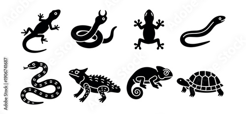Reptiles and amphibians silhouette icons set