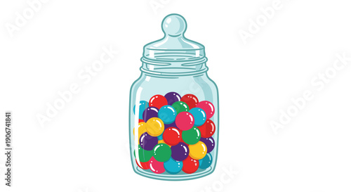 Transparent glass jar filled with many colorful round candy balls on a white background for promotional marketing and sweet shop displays.