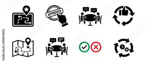 Business communication and approval process icons set